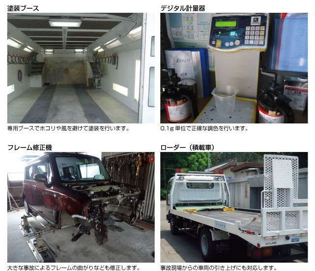 塗装ブース、デジタル計量器、フレーム修正機、ローダー（積載車）